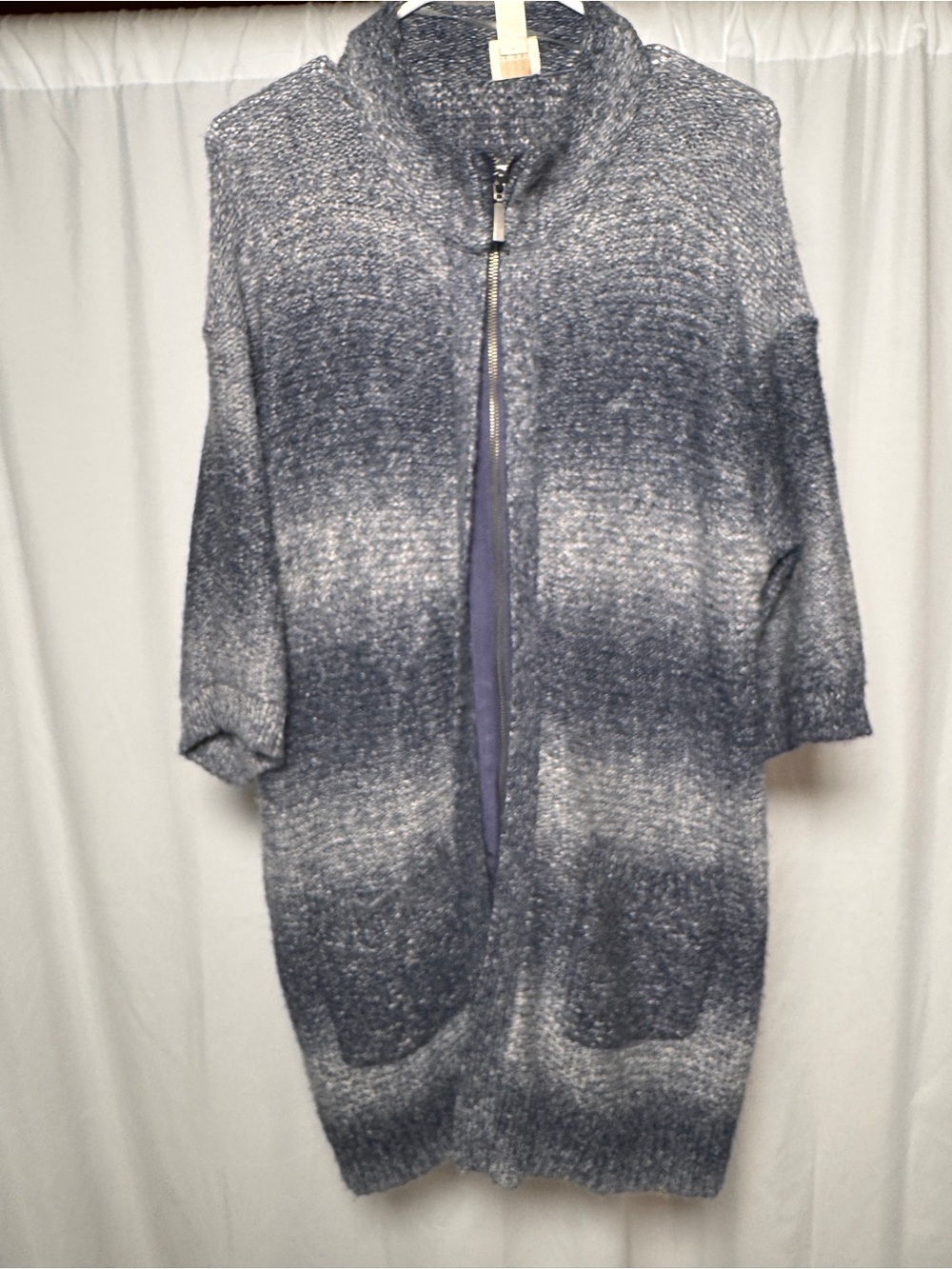 Chicos Design Womens Gray Blue Striped Knit Wool Blend Full Zip Sweater Size 2
